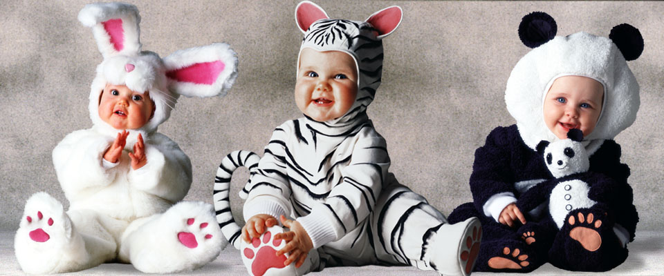 Bunny, White Tige with doll, and Panda baby costumes from the Tom Arma Signature collection for Halloween, designed by renown baby photographer Tom Arma